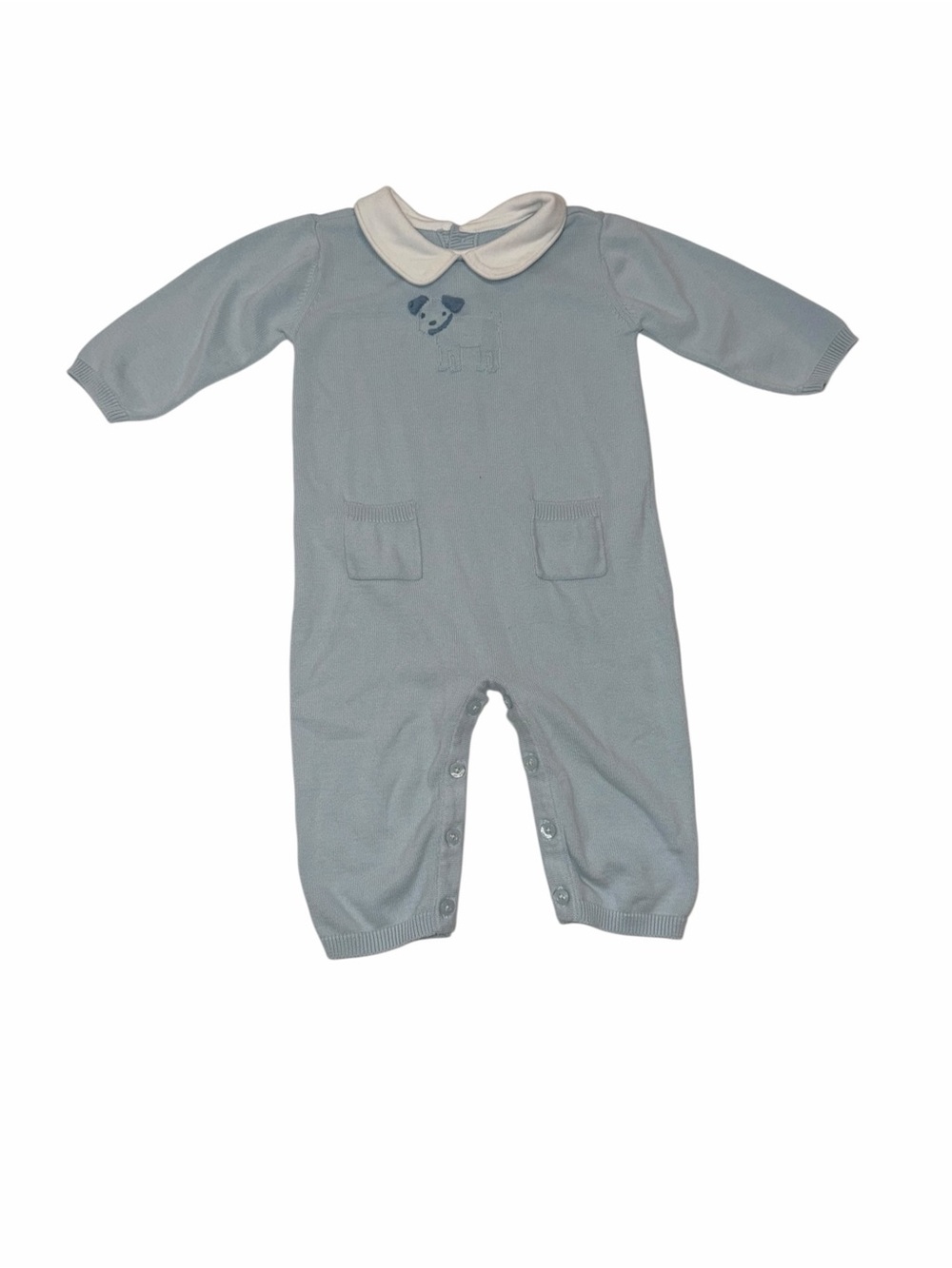 Janie and Jack Light Blue Knit Cotton Romper with Dog & White Peter Pan Collar